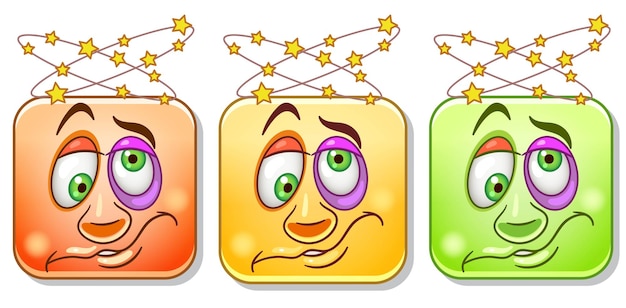 Vector gracioso emoji cara mareada. caras cómicas de dibujos animados en colores vivos.