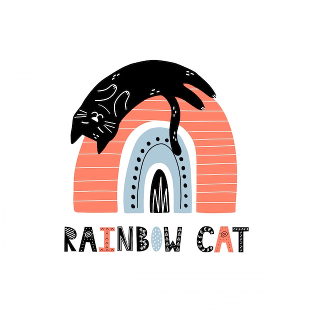 Gracioso gato arcoiris para niños. Tarjeta de estilo escandinavo o póster con letras dibujadas a mano
