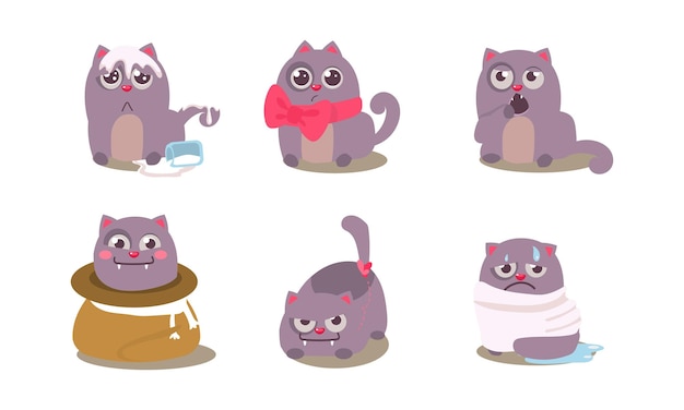 Gracioso gato gris en diferentes situaciones con varias emociones vector de caracteres animales traviesos ilustración aislada sobre fondo blanco