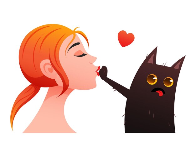 Vector gracioso gato negro empuja a la mujer besadora dueño y su gato negro ilustración vectorial para postales divertidas