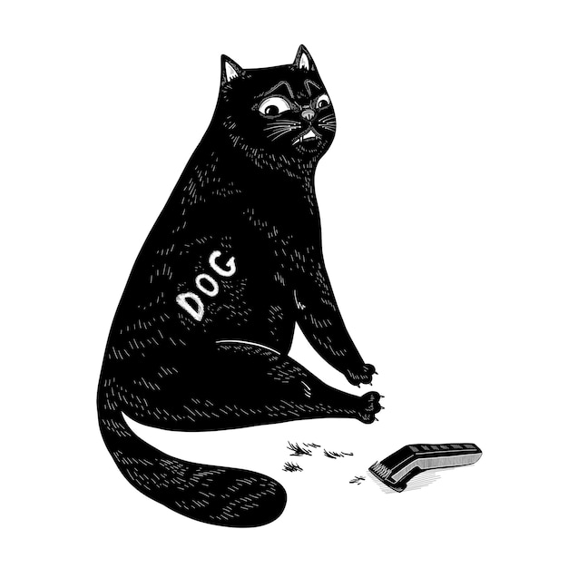 Gracioso gato negro con un lado afeitado y un cortapelos. Diseño de personaje de vector lindo para impresión, pegatina, cartel, tarjeta