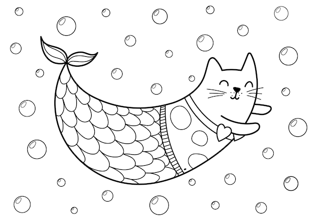 Gracioso gato sirena bajo el agua página para colorear personaje marino impresión en blanco y negro para niños