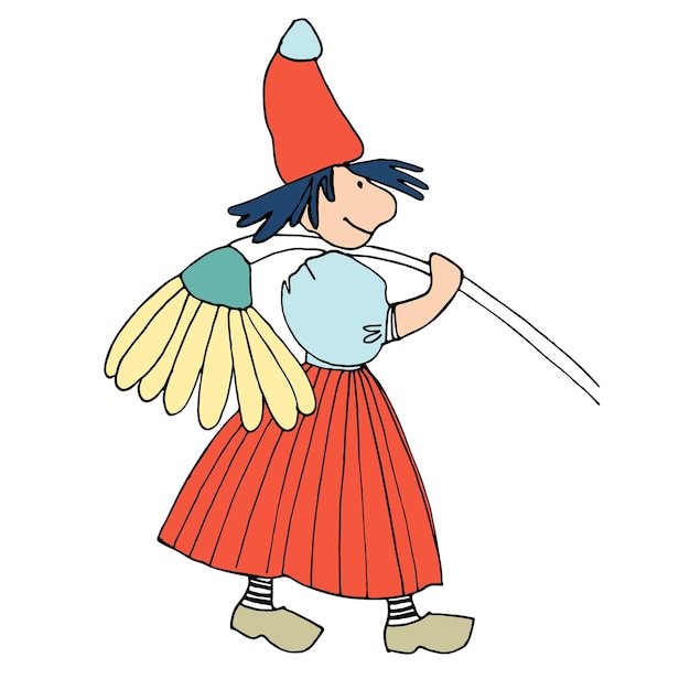 Gracioso gnomo femenino con flor de manzanilla gigante en su hombro Chica elfa de cuento de hadas con sombrero rojo y zapatos de madera con buena personalidad Ilustración vectorial para niños