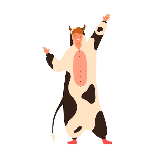 Vector gracioso joven bailando en kigurumi de vaca en la fiesta de carnaval. intérprete masculino con traje de animal. comediante alegre en pijamas de felpa acogedor. ilustración de dibujos animados de vector plano aislado en blanco.