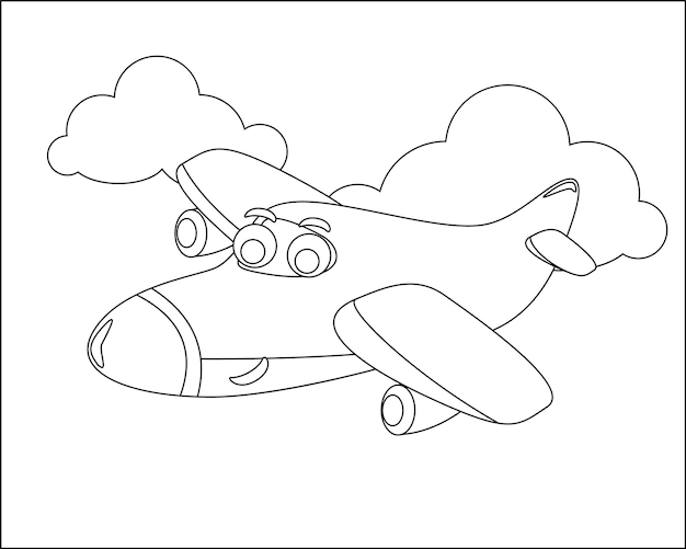 Gracioso lindo avión está volando en el cielo Dibujo aislado vector ilustración libro para colorear o página