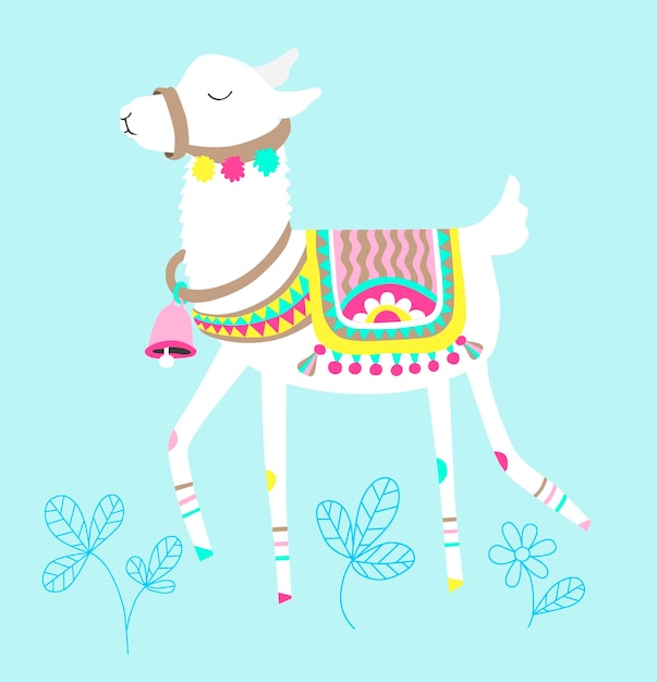 Gracioso llama aislado en azul blanco alpaca animal lindo dibujo