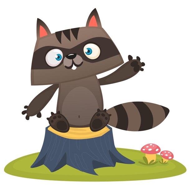 Un gracioso mapaches de dibujos animados agitando una pata sentado en un tronco de árbol Ilustración vectorial Diseño para impresión o ilustración de libros para niños