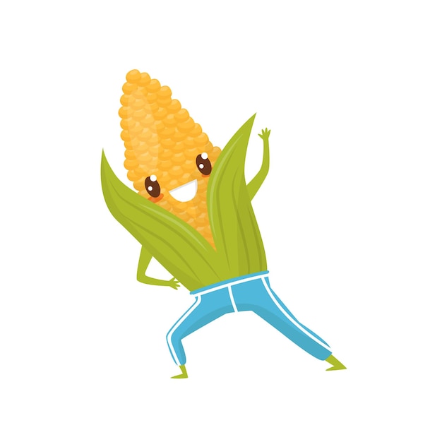 Gracioso mazorca de maíz haciendo deportes vector de caracteres de dibujos animados vegetales deportivos ilustración aislada sobre fondo blanco