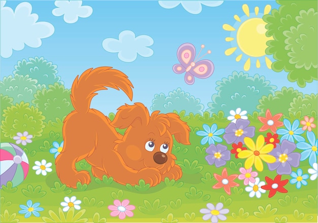 Vector gracioso pequeño cachorro juguetón jugando con una mariposa entre flores de colores sobre la hierba verde de un jardín