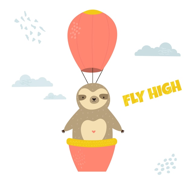 Gracioso perezoso volando en globo aerostático Ilustración linda para impresiones tarjetas de baby shower saludos