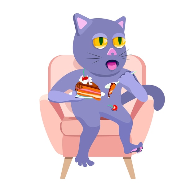 Gracioso personaje de dibujos animados de un gato sentado en una silla y comiendo un pastel ilustración humorística