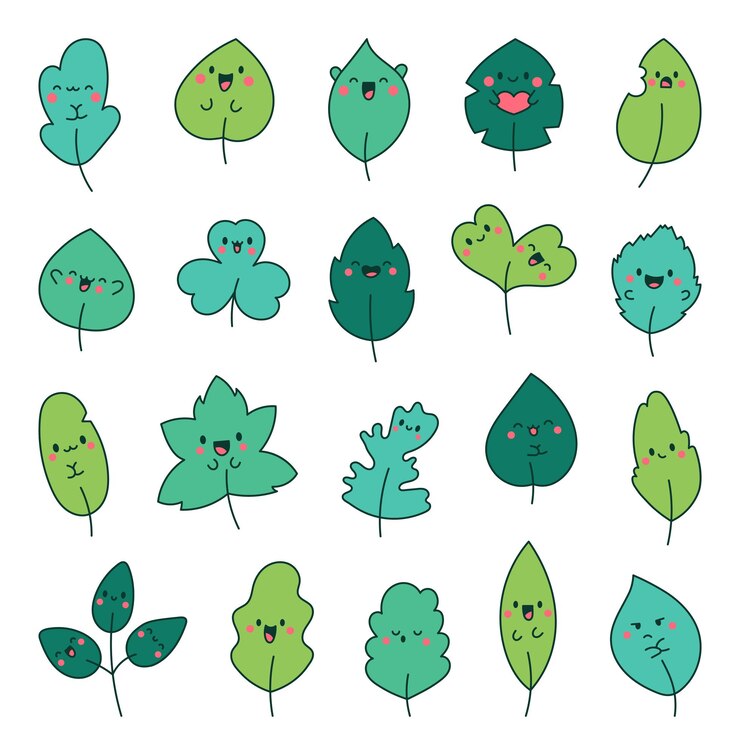 Vector el gracioso personaje de dibujos animados de la hoja kawaii, una planta de la naturaleza linda, estilo dibujado a mano, dibujo vectorial