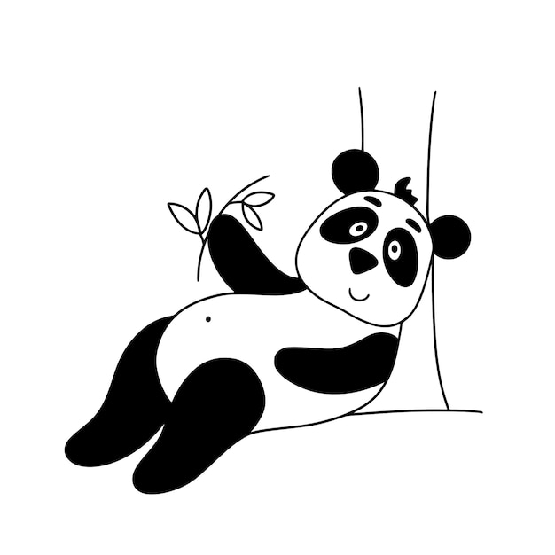 Gracioso personaje panda yace aislado vector ilustración oso blanco y negro con ramita de bambú