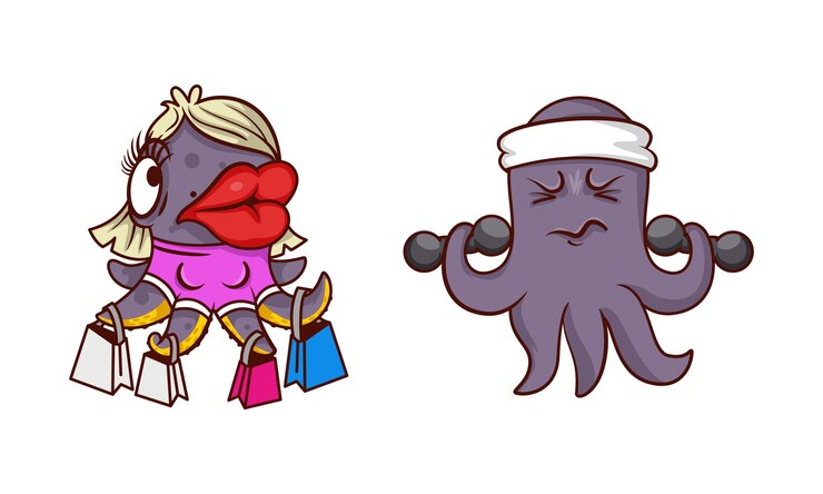 Vector el gracioso personaje de pulpo púrpura con tentáculos haciendo compras y levantando pesas