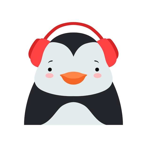 Gracioso pingüino en auriculares vector de avatar de personaje animal de dibujos animados lindo ilustración aislada sobre fondo blanco