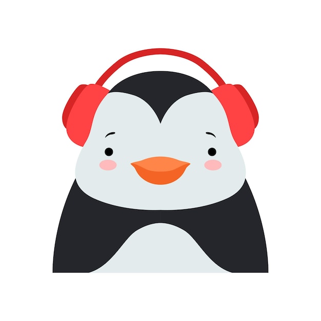 Gracioso pingüino en auriculares vector de avatar de personaje animal de dibujos animados lindo ilustración aislada sobre fondo blanco