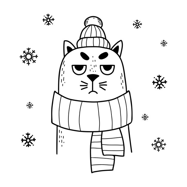 Gracioso y triste personaje de gato de invierno con bufanda tejida y sombrero dibujando a mano el diseño de Año Nuevo