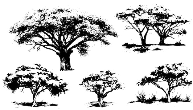 Graciosos árboles africanos en estilo grabado dibujado a mano planta de sabana africana vintage botánico