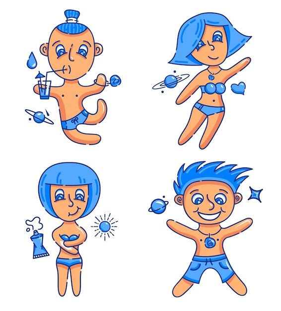 Graciosos hombres y chicas de playa en trajes de baño azules