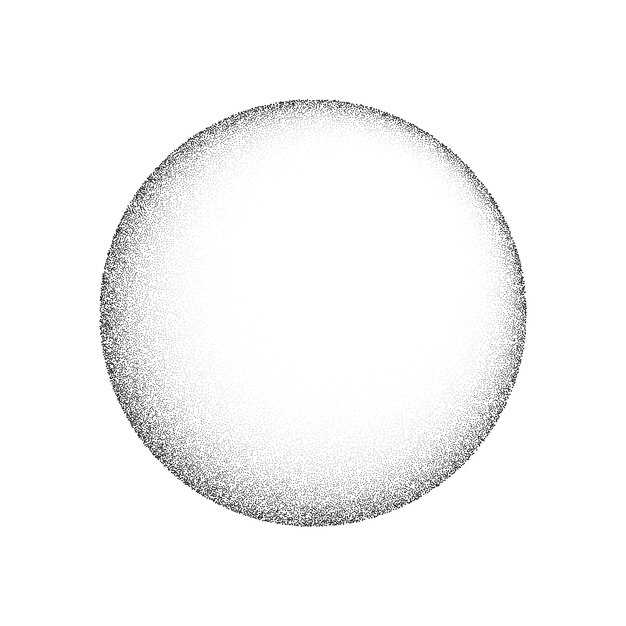 Gradiente de círculo de grano. Forma redonda punteada. Textura de dotwork estocástico radial. Ruido grunge aleatorio