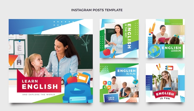 Vector gradiente de colección de publicaciones de instagram de lecciones de inglés