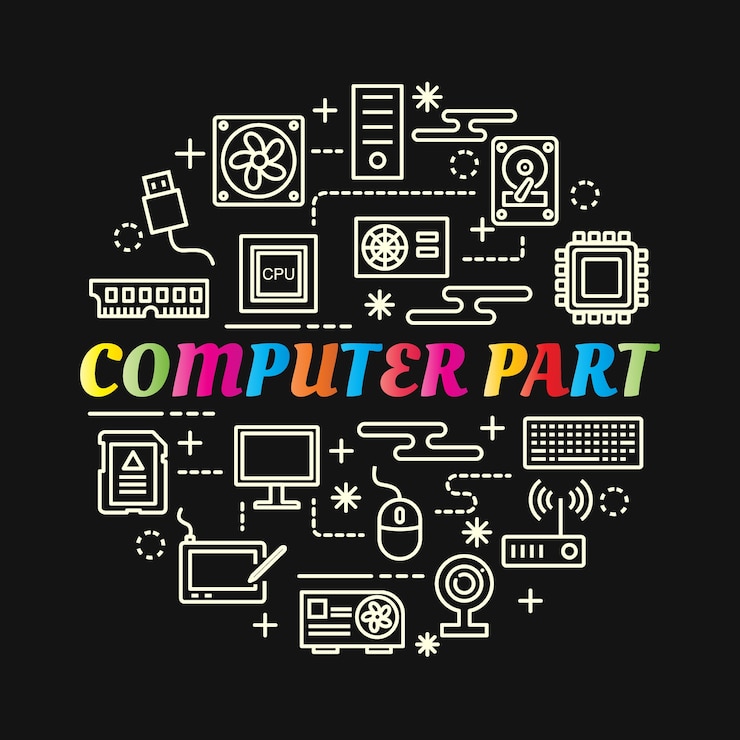 Vector gradiente de colores de parte de computadora con iconos de línea