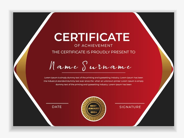 Gradiente diseño de certificado de lujo un letrero rojo y negro que dice certificado de logro