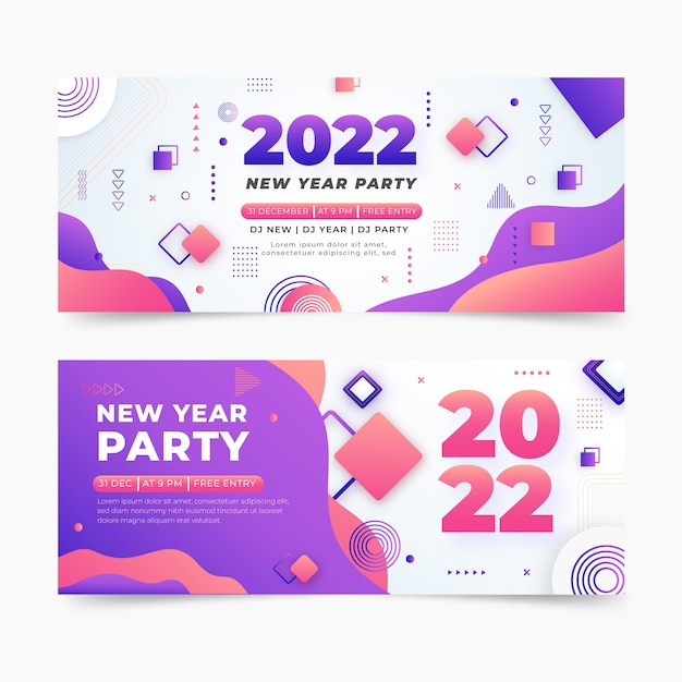 Vector gradiente feliz año nuevo 2022 conjunto de banners horizontales