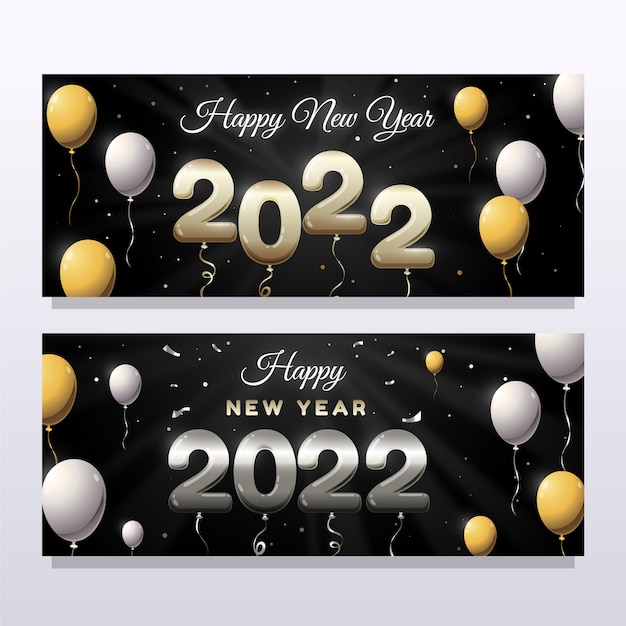 Vector gradiente feliz año nuevo 2022 conjunto de banners horizontales