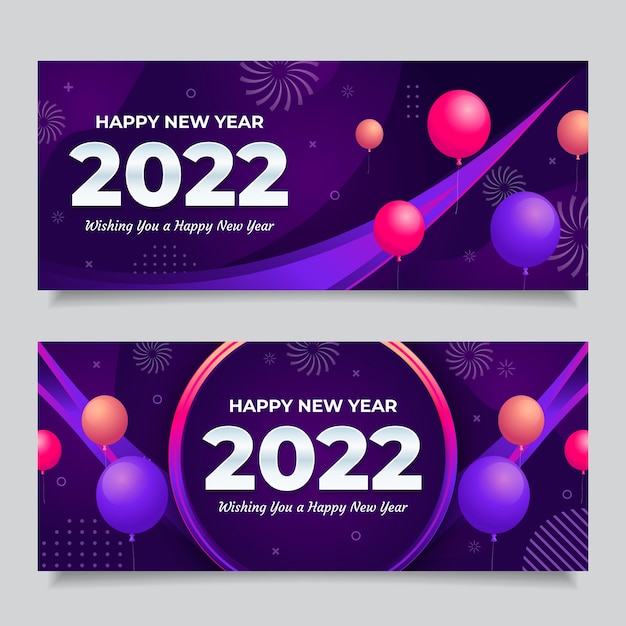 Vector gradiente feliz año nuevo 2022 conjunto de banners horizontales