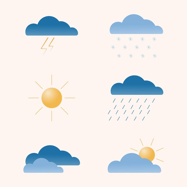 Gradiente de los iconos del tiempo. diseño 3d Ilustración plana vectorial. Nubes, sol, lluvia, nieve, relámpagos.