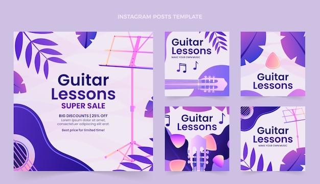Vector gradiente de lecciones de guitarra publicación de instagram