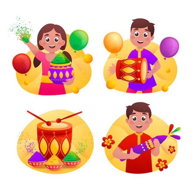 Vector gradiente mini composición de holi con niños y polvo de colores