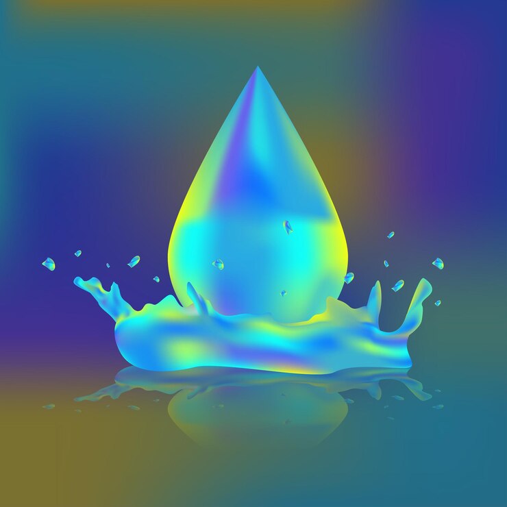 Vector gradiente moderno realista gota de agua multicolor con salpicaduras y ondas en la luz aislada en el gradiente