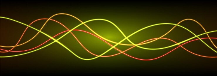 Vector gradiente de onda de neón colorido abstracto con alambre de línea que brilla intensamente sobre fondo oscuro telón de fondo futurista