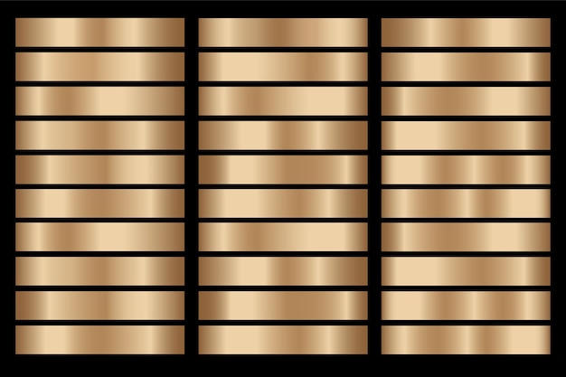 Gradiente de oro establece ilustración metálica de textura de icono de vector de fondo para marco, cinta, banner, moneda y etiqueta.