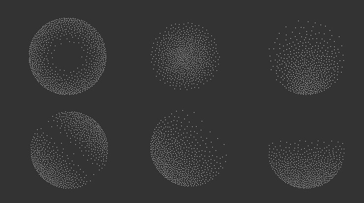 Vector gradiente de ruido de grano de punto círculos patrón de gradiente de puntilismo en fondo oscuro estocasto radial