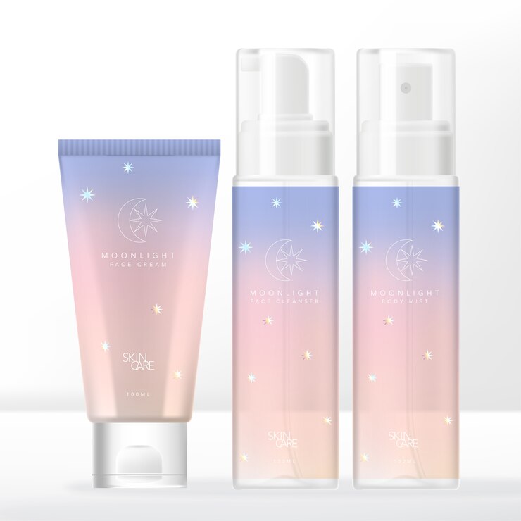 Gradiente de tema holográfico de luz de luna Tubo en colores pastel y bomba transparente o envase de botella de spray