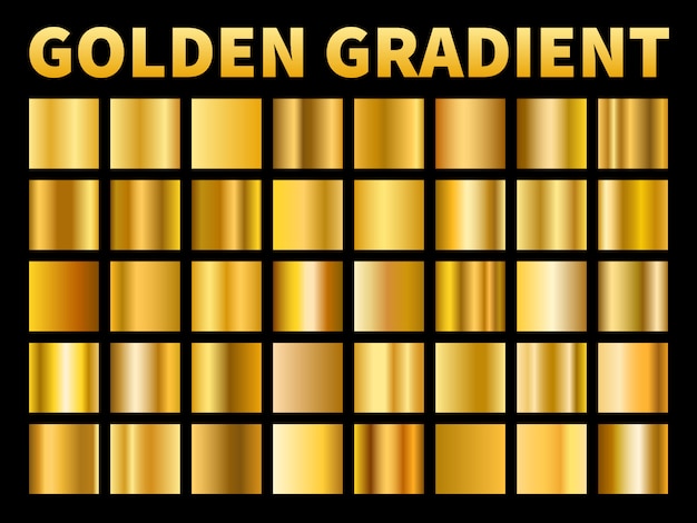 Gradientes dorados. Cuadrados de oro muestras de gradiente de brillo de metal, marco de placa amarilla metálica vacía, textura de etiqueta. conjunto