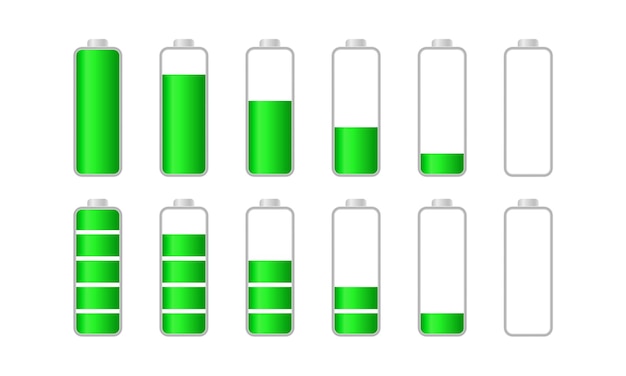 Vector grado de carga de la batería indicador de nivel de energía verde con etapas de carga vectorial máxima y mínima