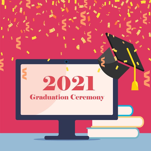 Graduación 2021 Diseño plano colorido concepto de ilustración vectorial para educación a distancia aprendizaje en línea para banners web y materiales impresos Aislado sobre fondo brillante