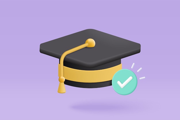 Graduación 3D de la universidad para estudiantes concepto sombrero de graduación y diploma estilo de dibujos animados con fondo de burbujas Diploma de educación vectorial 3D para estudiantes éxito de estudio ilustración de renderización