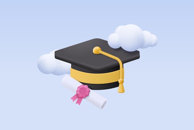 Graduación 3D de la universidad para estudiantes concepto sombrero de graduación y diploma estilo de dibujos animados con fondo de nubes del cielo Diploma de educación vectorial 3D para estudiantes éxito de estudio ilustración de renderización