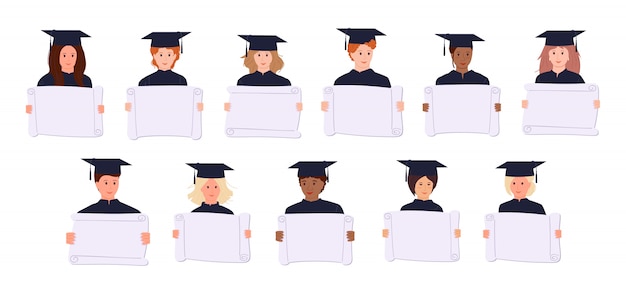 Graduación estudiantes manifestantes activistas dibujos animados. Personas en toga académica, bata. Diferentes naciones