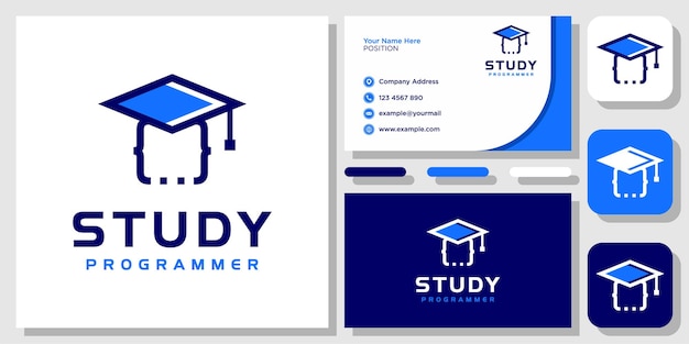 Graduación Hat Study Tech Programmer Coding Computer Hacker logo design with Template Business Card