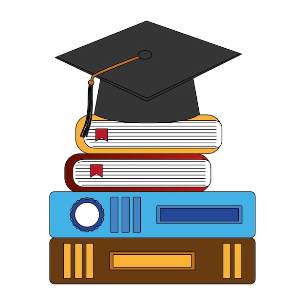 Graduación de sombrero con diseño de ilustración vectorial de libros