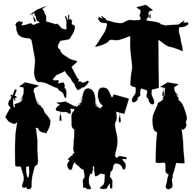 Graduado celebrando la graduación siluetas ilustración vectorial
