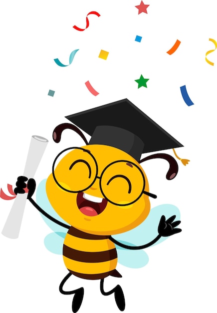 Graduado de la escuela de abejas personaje de dibujos animados con certificado de salto
