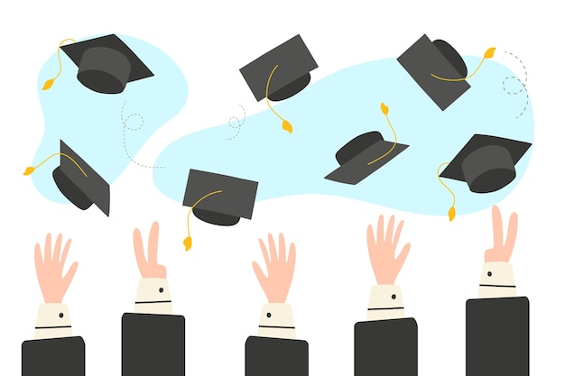 Graduado de letras 2023 Clase de 2023 Fin de la escuela o último día de clases Las gorras de los graduados vuelan hacia el cielo Ilustración vectorial Estilo plano de dibujos animados