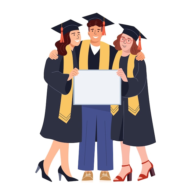 Los graduados en mantos y gorras académicas sostienen el marco para su inscripción Ilustración vectorial plana